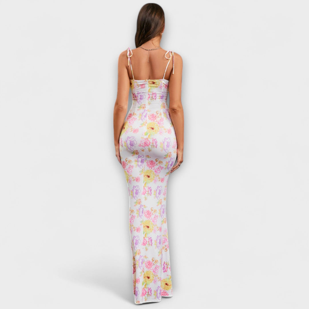 Thalia - Blomsterprintet gallakjole med bundne skulderstropper