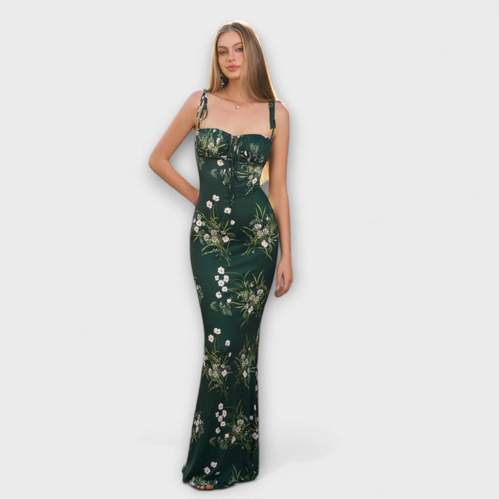 Thalia - Blomsterprintet gallakjole med bundne skulderstropper