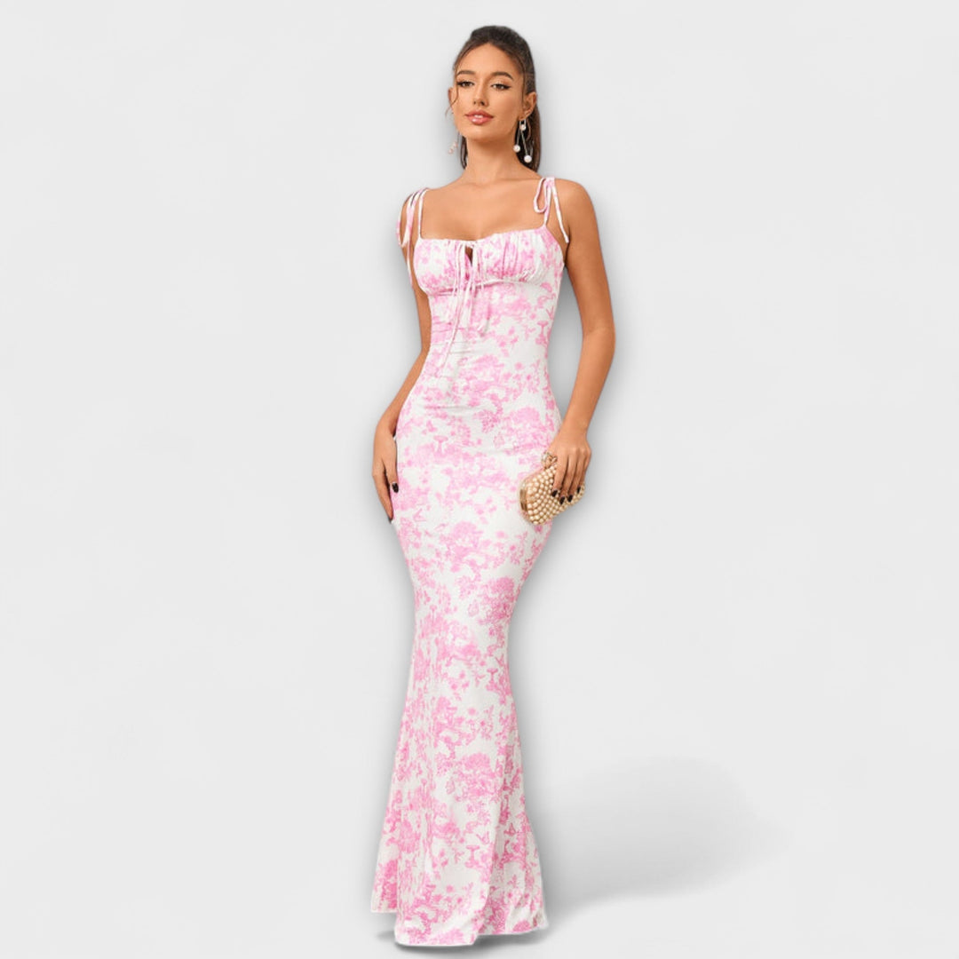 Thalia - Blomsterprintet gallakjole med bundne skulderstropper
