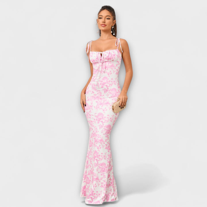 Thalia - Blomsterprintet gallakjole med bundne skulderstropper