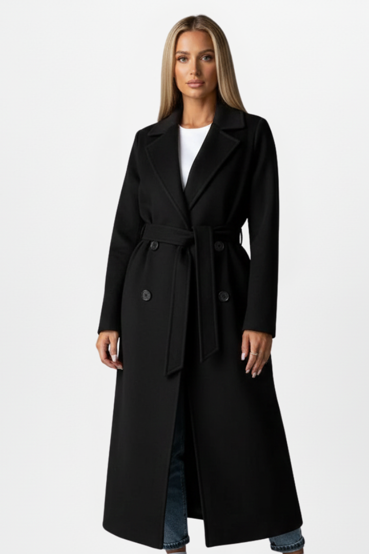 Manteau long pour femme en mélange de laine, à double boutonnage, ceinturé, avec col à revers cranté, style professionnel
