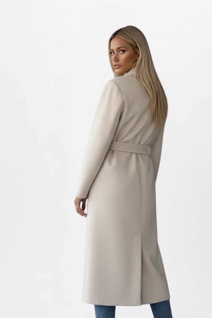 Manteau long pour femme en mélange de laine, à double boutonnage, ceinturé, avec col à revers cranté, style professionnel