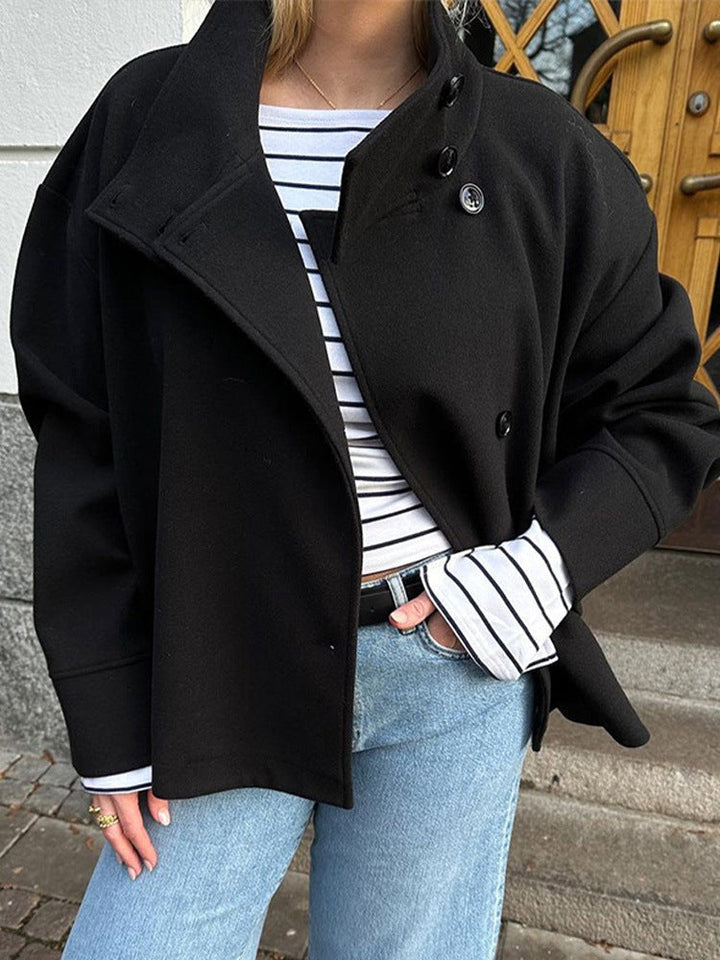 Women's Short Coat Wool Blend Relaxed Fit Button Closure High Neckline Casual