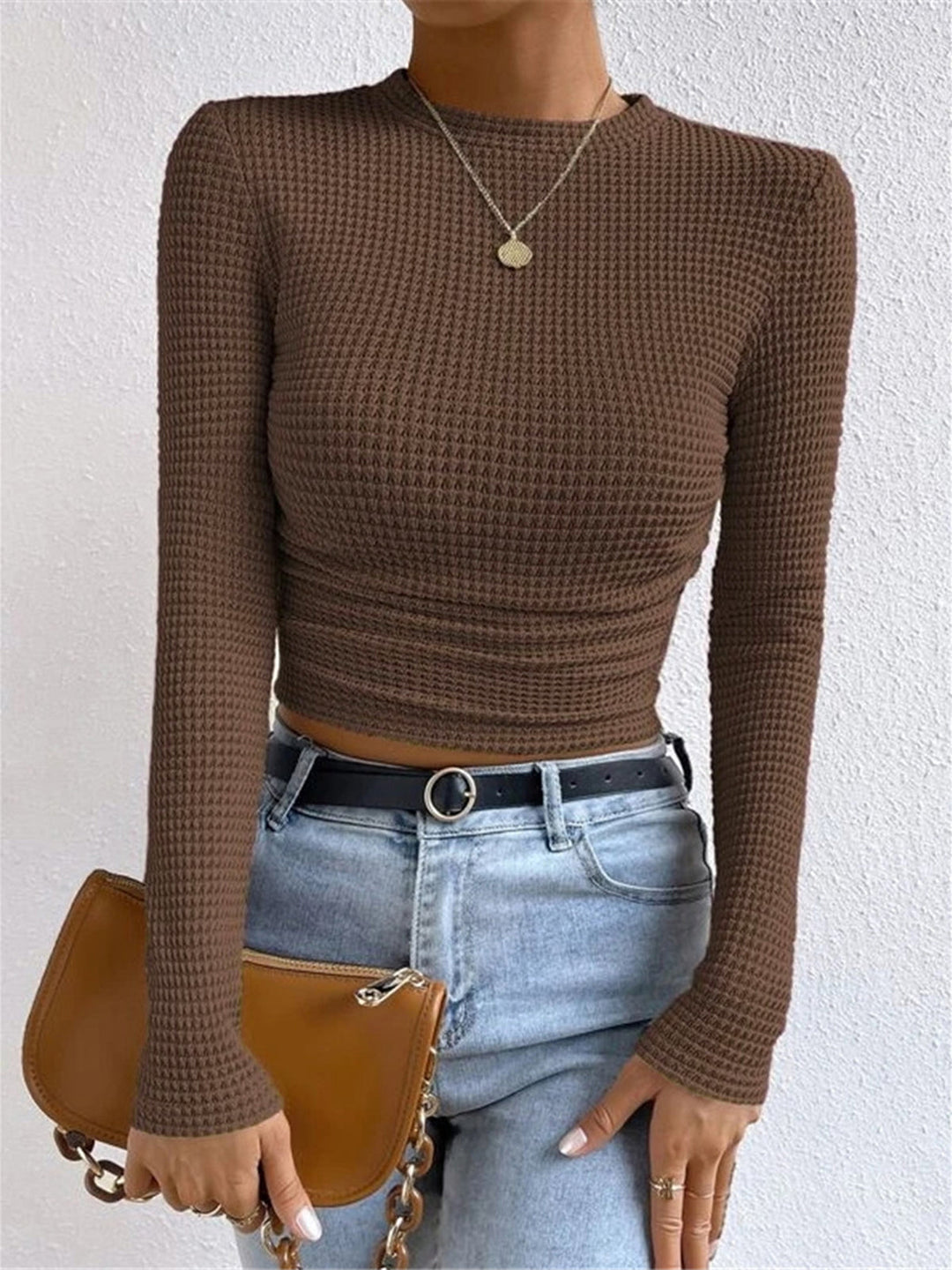 Miriam | Textured Long Sleeve Top with Waffle Knit and Crew Neckline
