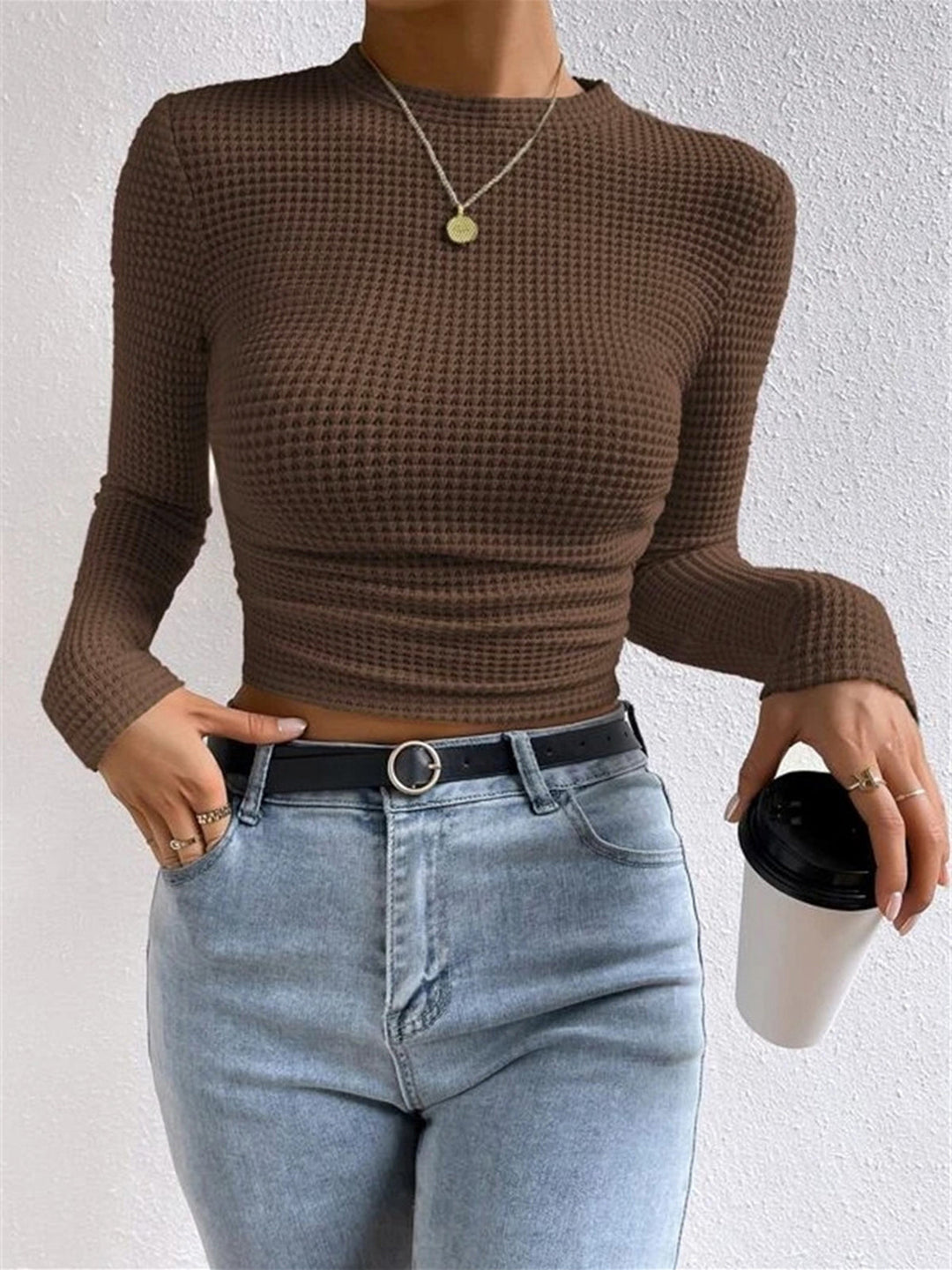 Miriam | Textured Long Sleeve Top with Waffle Knit and Crew Neckline