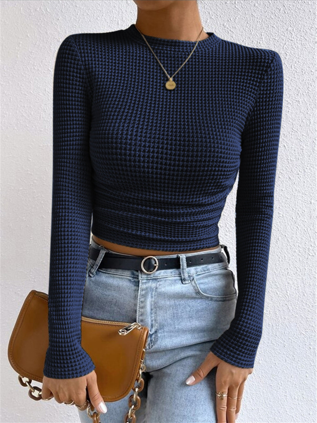 Miriam | Textured Long Sleeve Top with Waffle Knit and Crew Neckline