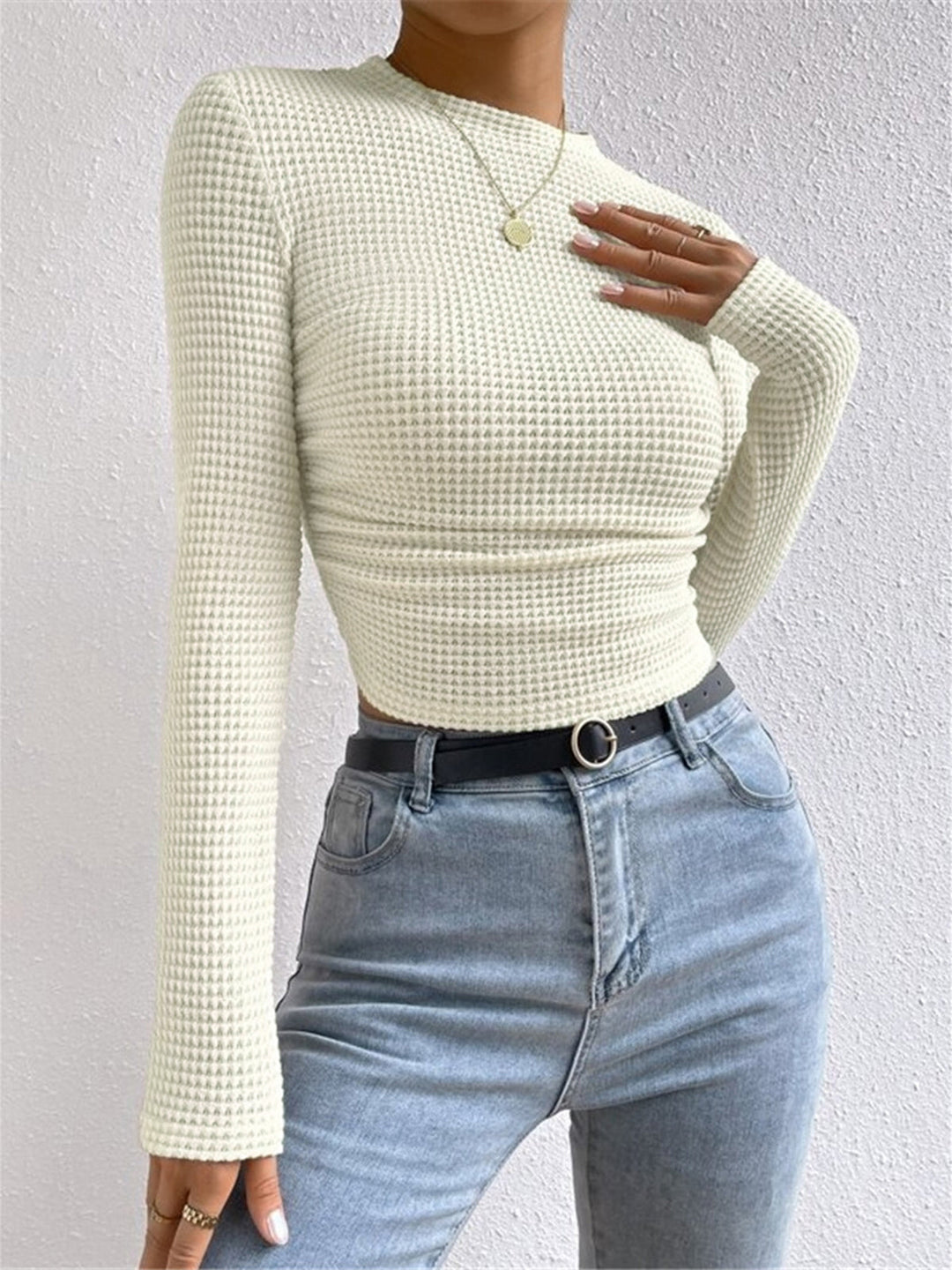 Miriam | Textured Long Sleeve Top with Waffle Knit and Crew Neckline