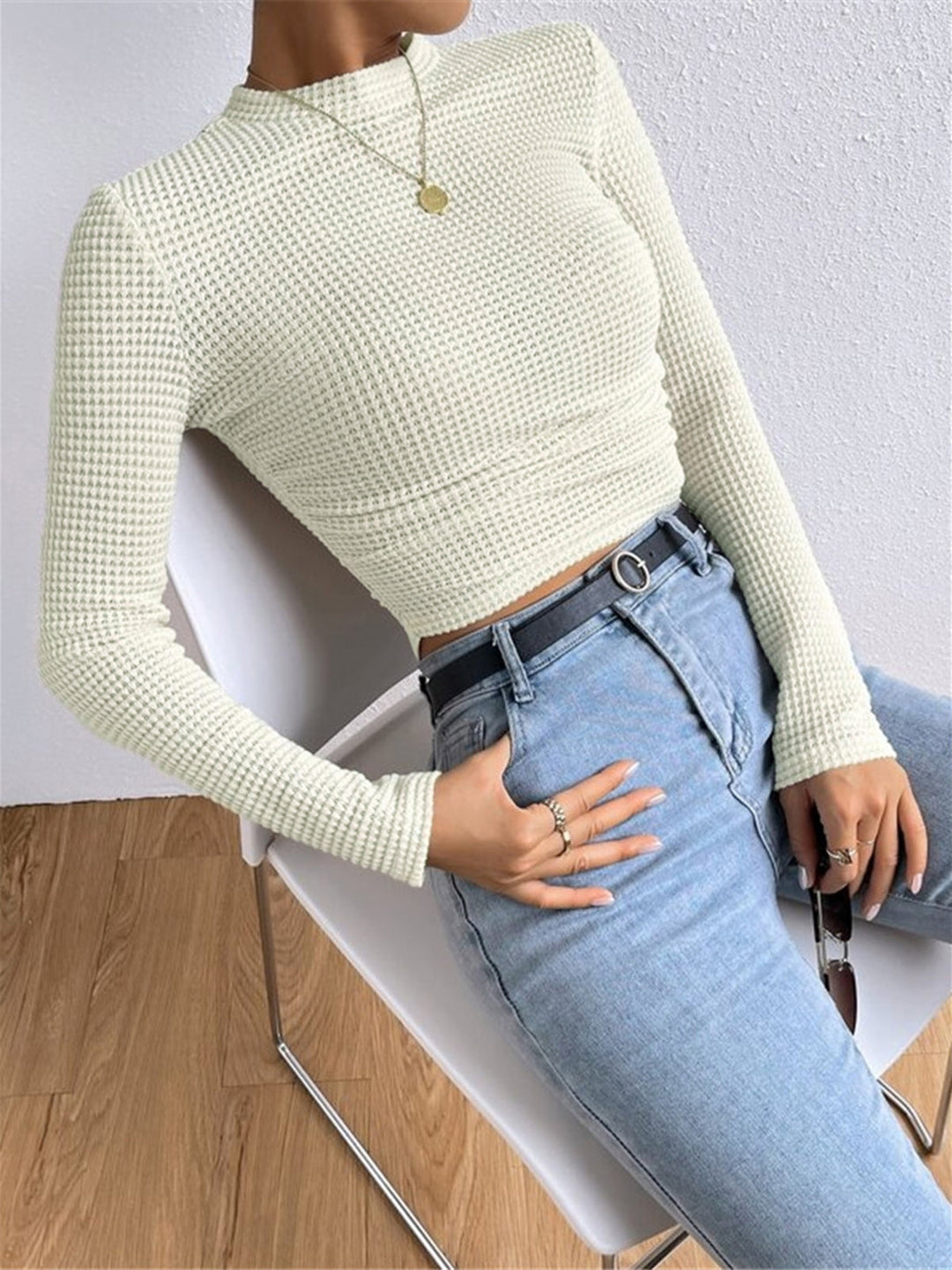 Miriam | Textured Long Sleeve Top with Waffle Knit and Crew Neckline