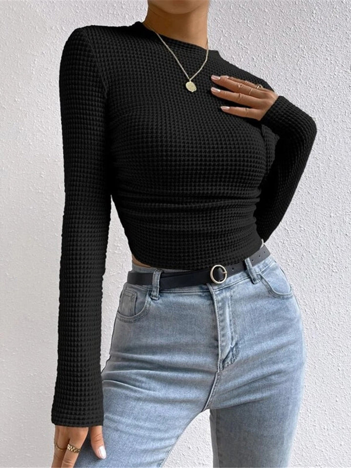Miriam | Textured Long Sleeve Top with Waffle Knit and Crew Neckline