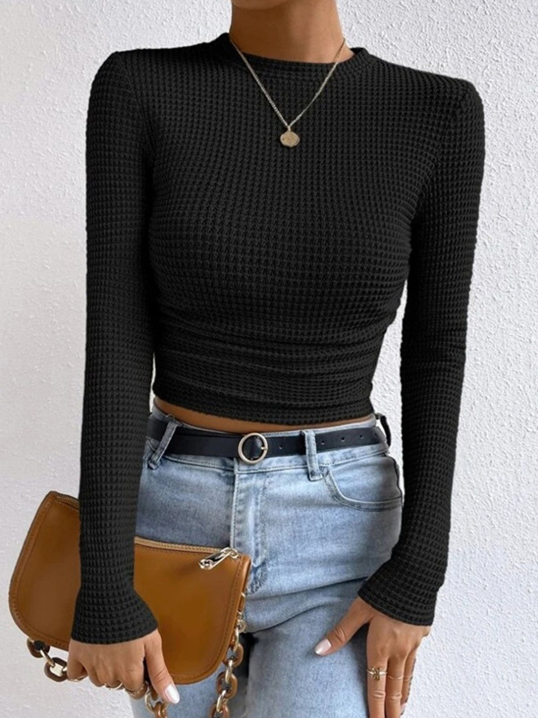 Miriam | Textured Long Sleeve Top with Waffle Knit and Crew Neckline
