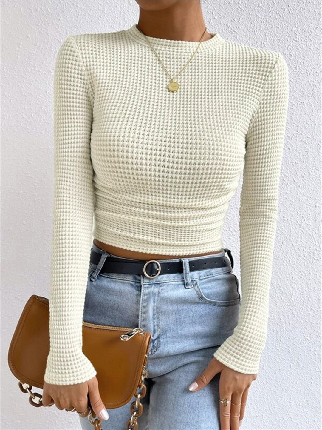 Miriam | Textured Long Sleeve Top with Waffle Knit and Crew Neckline