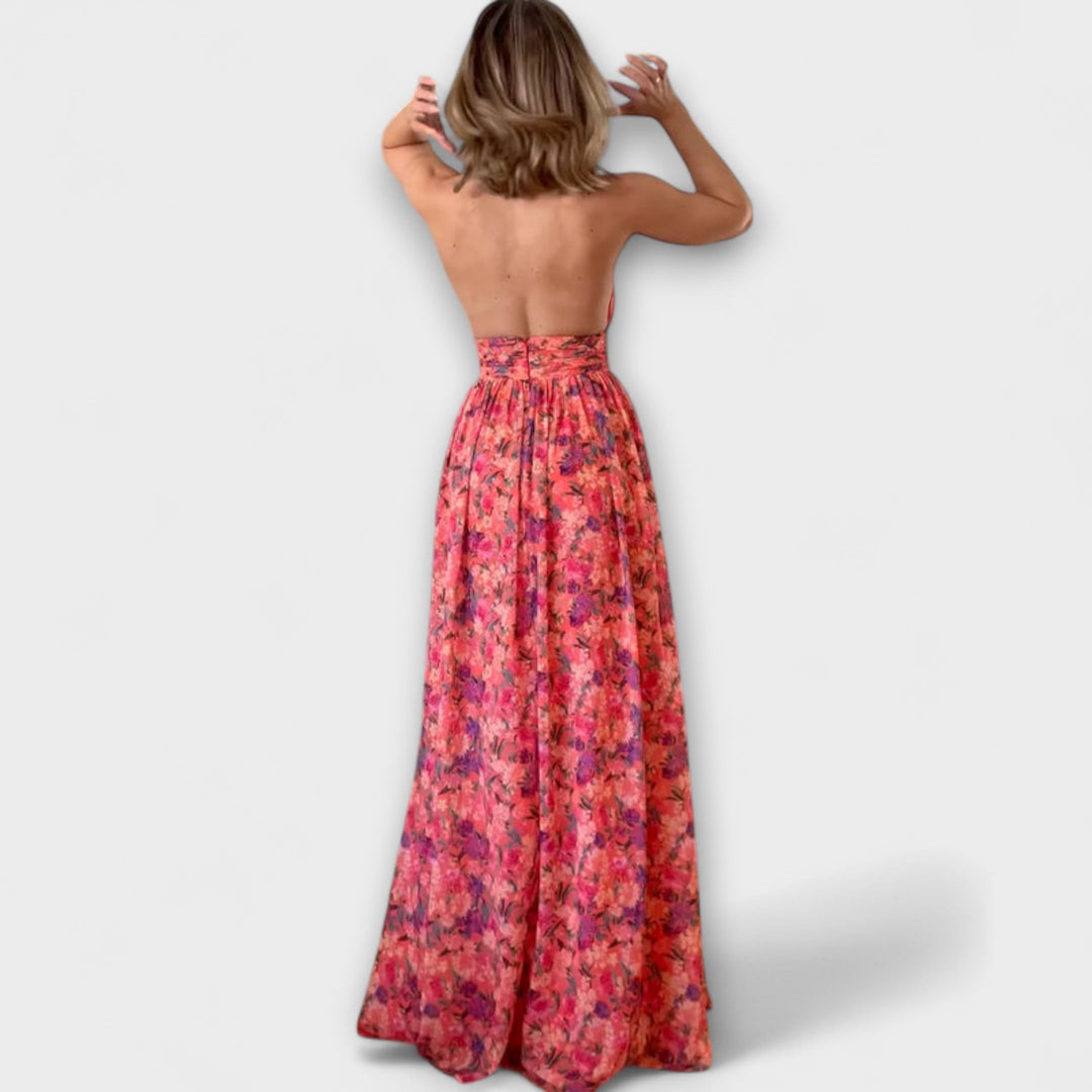 Nortrud - Rückenfreies Maxikleid mit Blumenmuster