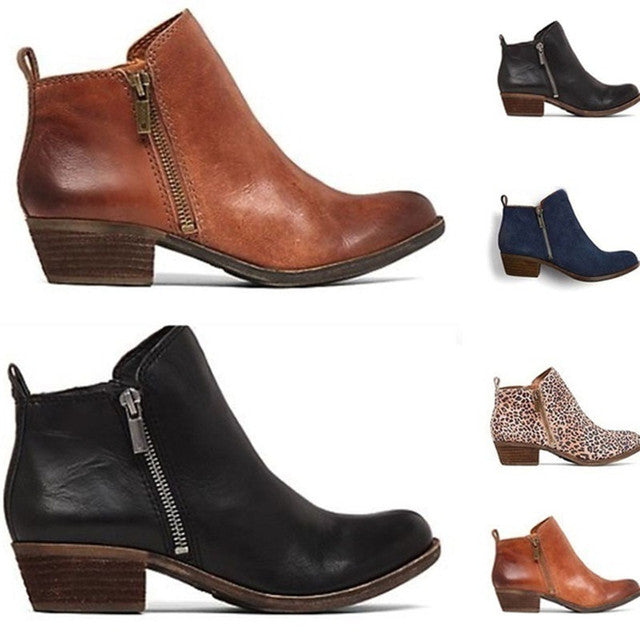 Botines para mujer, cuero PU, tacón ancho, cremallera lateral, punta redonda, informales, para vestir de trabajo