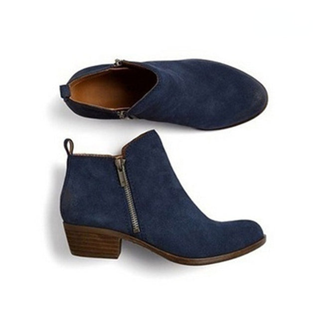 Botines para mujer, cuero PU, tacón ancho, cremallera lateral, punta redonda, informales, para vestir de trabajo