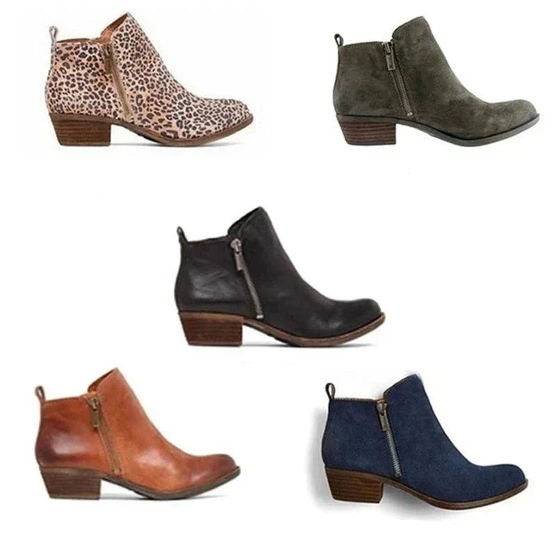 Botines para mujer, cuero PU, tacón ancho, cremallera lateral, punta redonda, informales, para vestir de trabajo