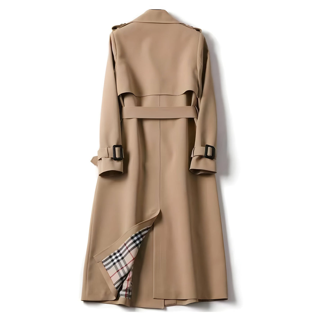 Langer Damen-Trenchcoat mit doppelreihiger Knopfleiste, Gürtel und Reverskragen