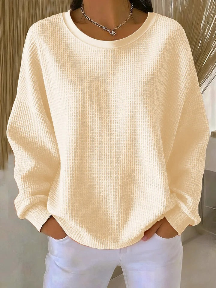 Suéter feminino de tricô waffle, modelagem oversized, silhueta confortável, casual para o dia a dia