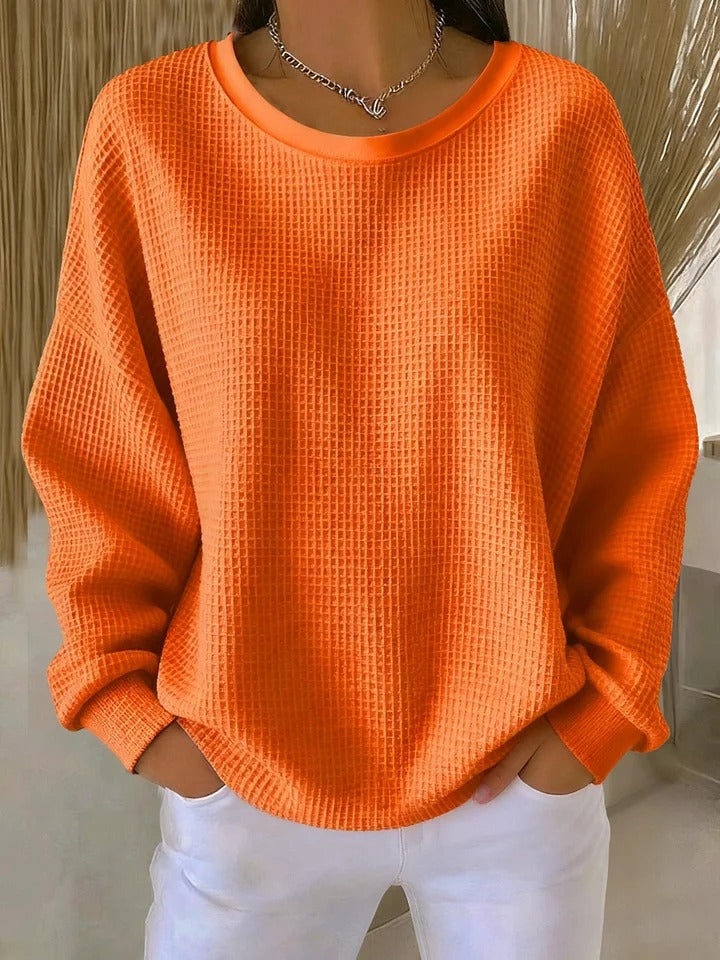 Suéter feminino de tricô waffle, modelagem oversized, silhueta confortável, casual para o dia a dia