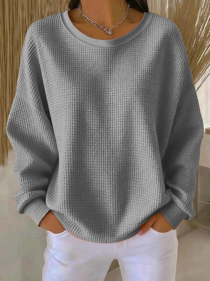 Suéter feminino de tricô waffle, modelagem oversized, silhueta confortável, casual para o dia a dia