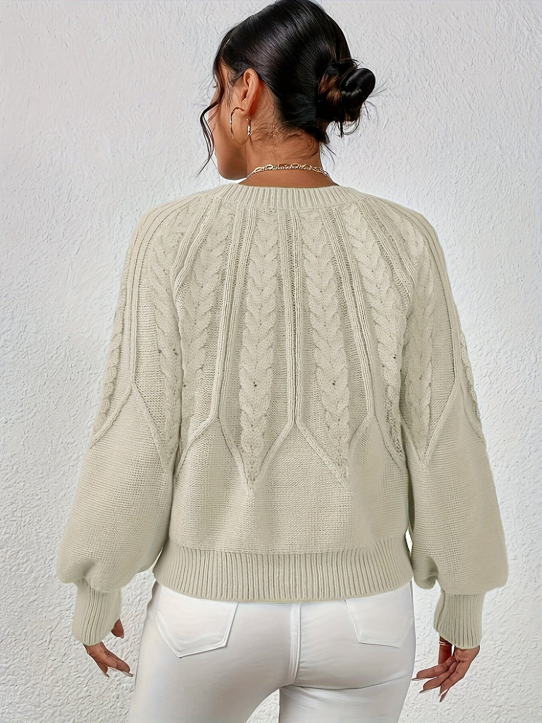 Women's Cable Knit Sweater with Relaxed Fit and Lantern Sleeves for Everyday Wear