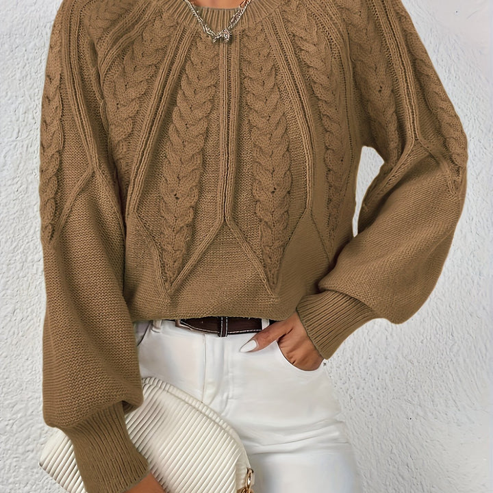 Women's Cable Knit Sweater with Relaxed Fit and Lantern Sleeves for Everyday Wear