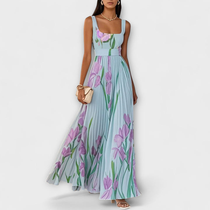 Vestido Maxi de Chiffon Floral Drapeado