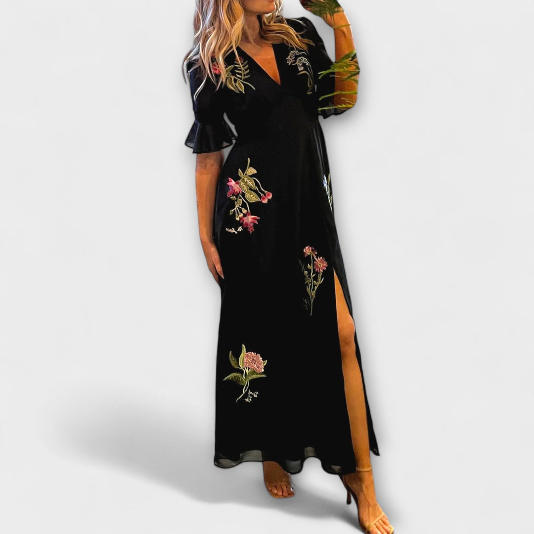 Beatrice - Vestido Azul Marinho Elegante com Bordado Floral
