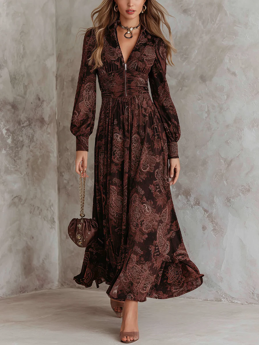 Amelia™ Vestido Maxi Paisley com Cintura e Zíper
