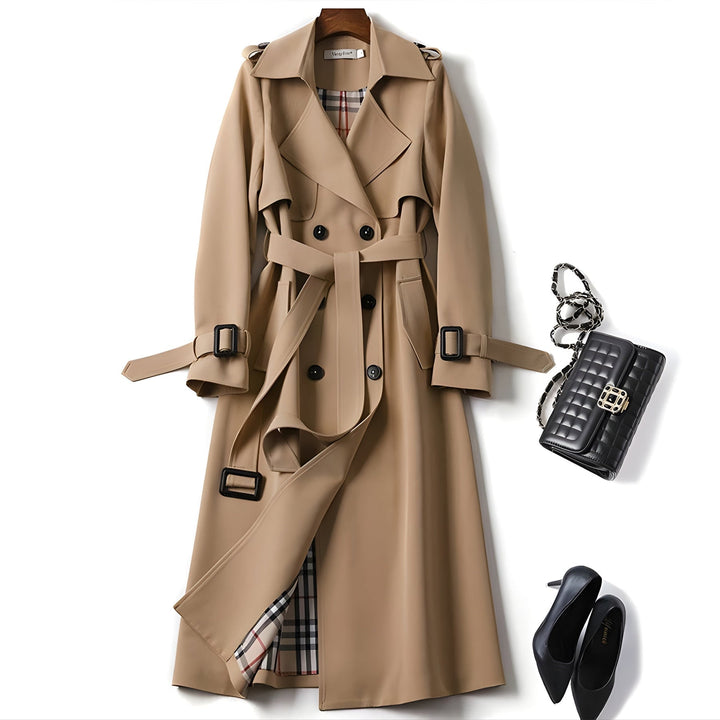 Langer Damen-Trenchcoat mit doppelreihiger Knopfleiste, Gürtel und Reverskragen