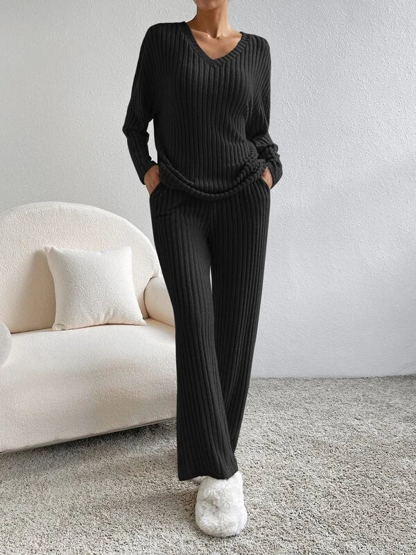 Conjunto feminino de suéter com decote em V e calça de pernas largas, fenda lateral, casual e versátil