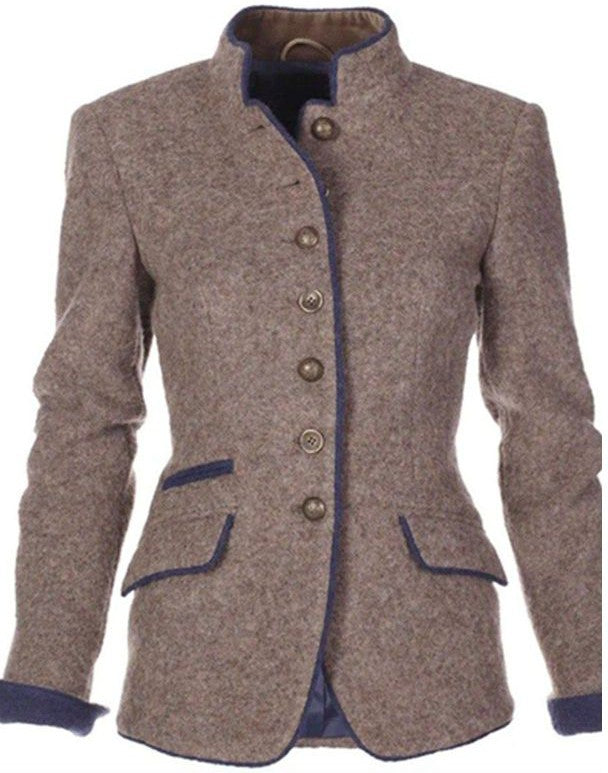 Women's Blazer Wool Collarless Long Sleeve Contrast Cuffs Elegant Casual