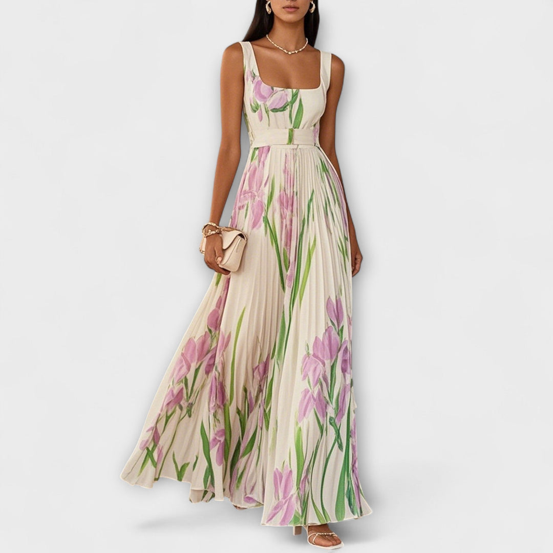 Vestido Maxi de Chiffon Floral Drapeado