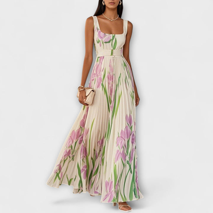 Vestido Maxi de Chiffon Floral Drapeado