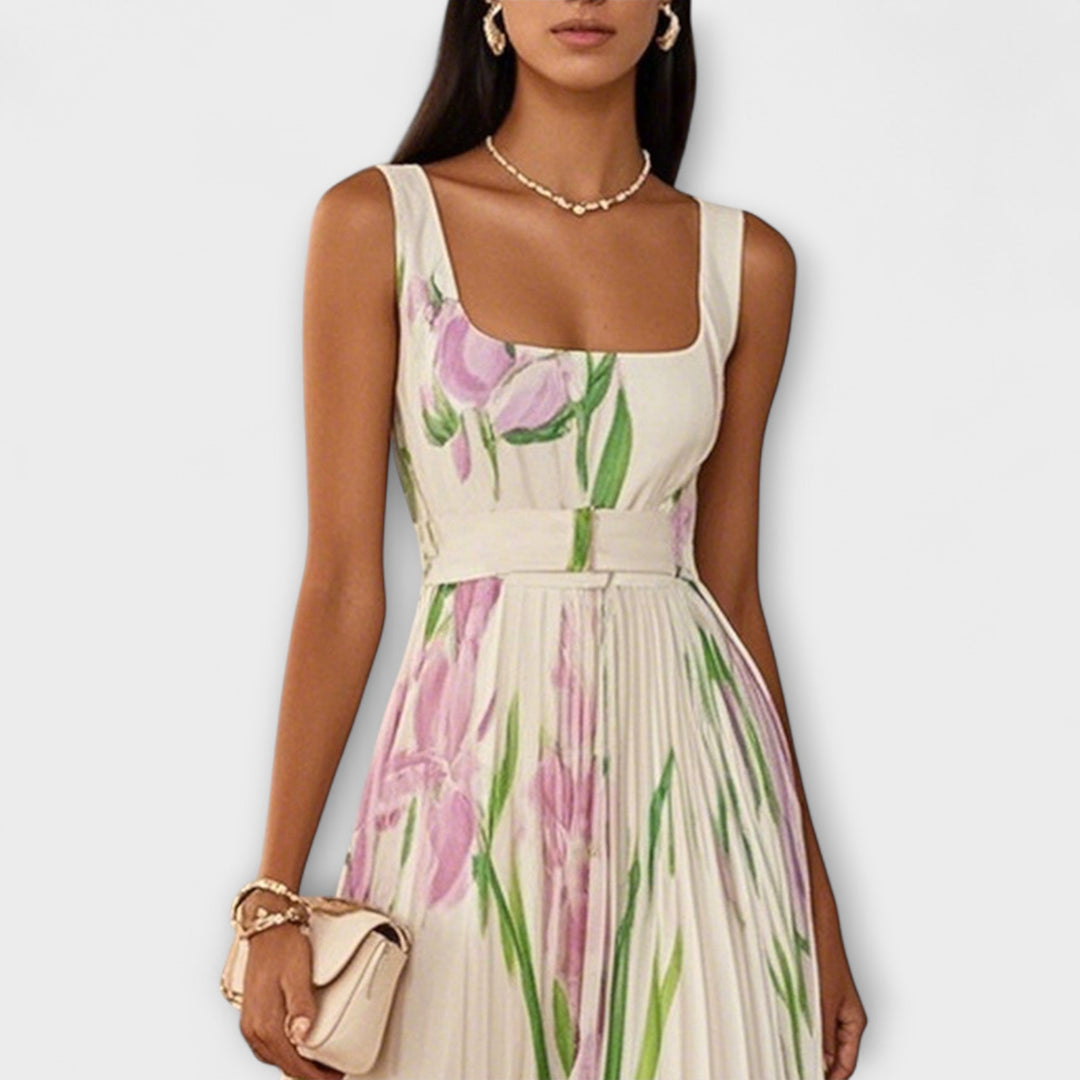 Vestido Maxi de Chiffon Floral Drapeado