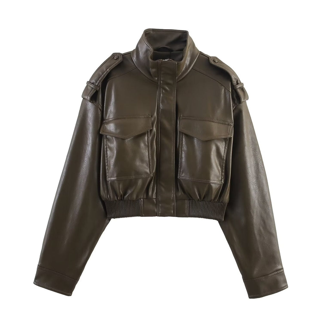Abigail | Strukturierte Cropped-Bomberjacke für Damen aus Kunstleder mit Rippbündchen