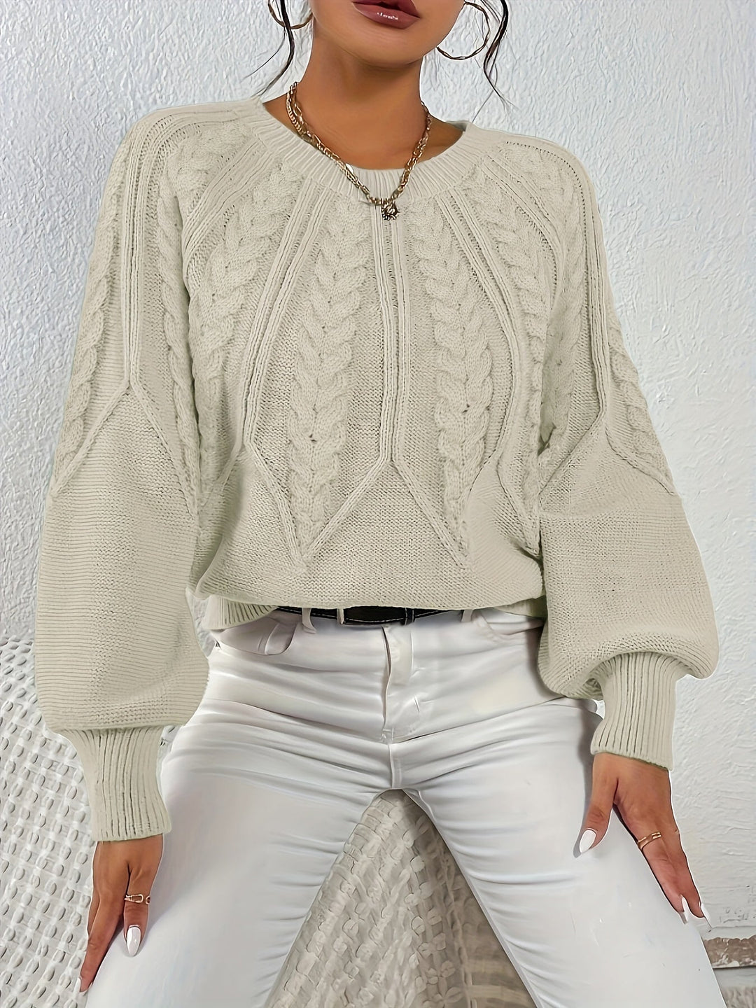 Women's Cable Knit Sweater with Relaxed Fit and Lantern Sleeves for Everyday Wear