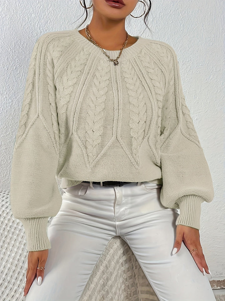 Women's Cable Knit Sweater with Relaxed Fit and Lantern Sleeves for Everyday Wear