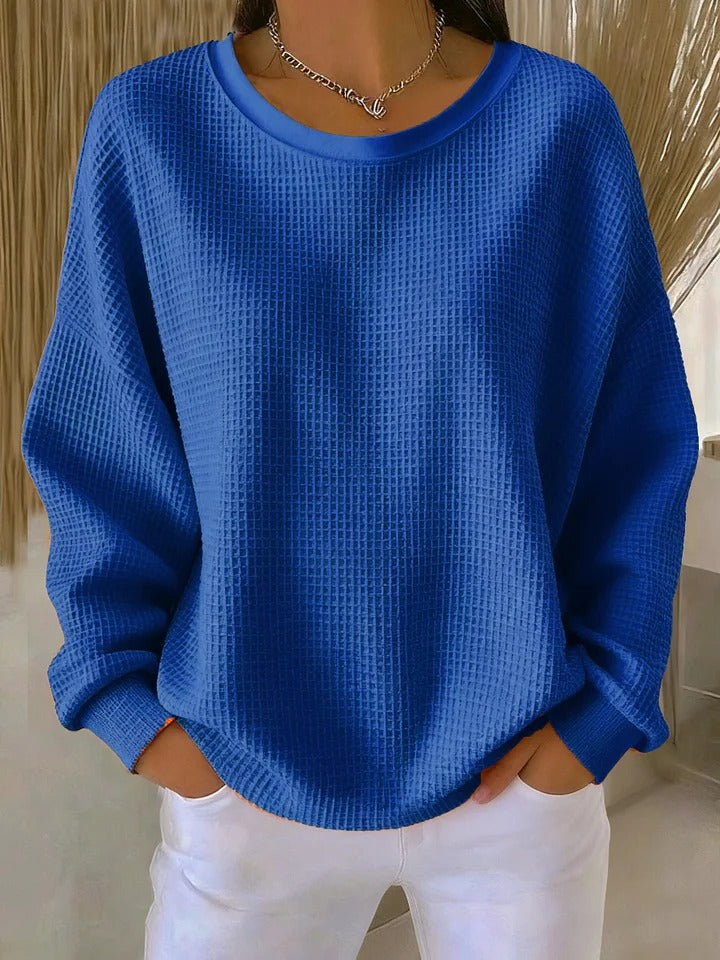 Suéter feminino de tricô waffle, modelagem oversized, silhueta confortável, casual para o dia a dia