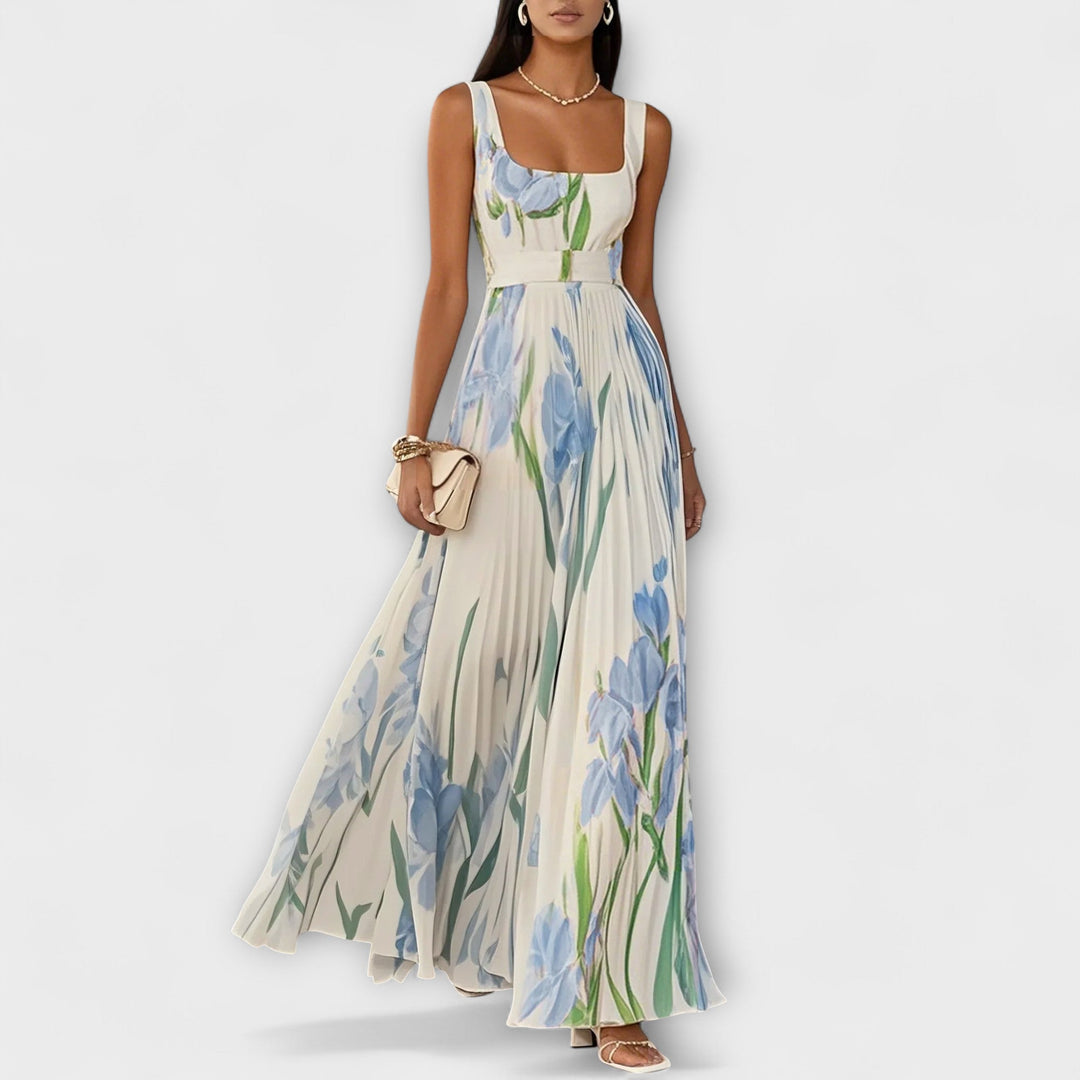 Vestido Maxi de Chiffon Floral Drapeado