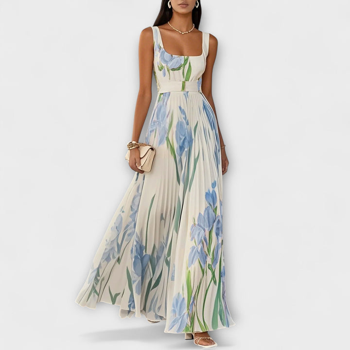 Vestido Maxi de Chiffon Floral Drapeado