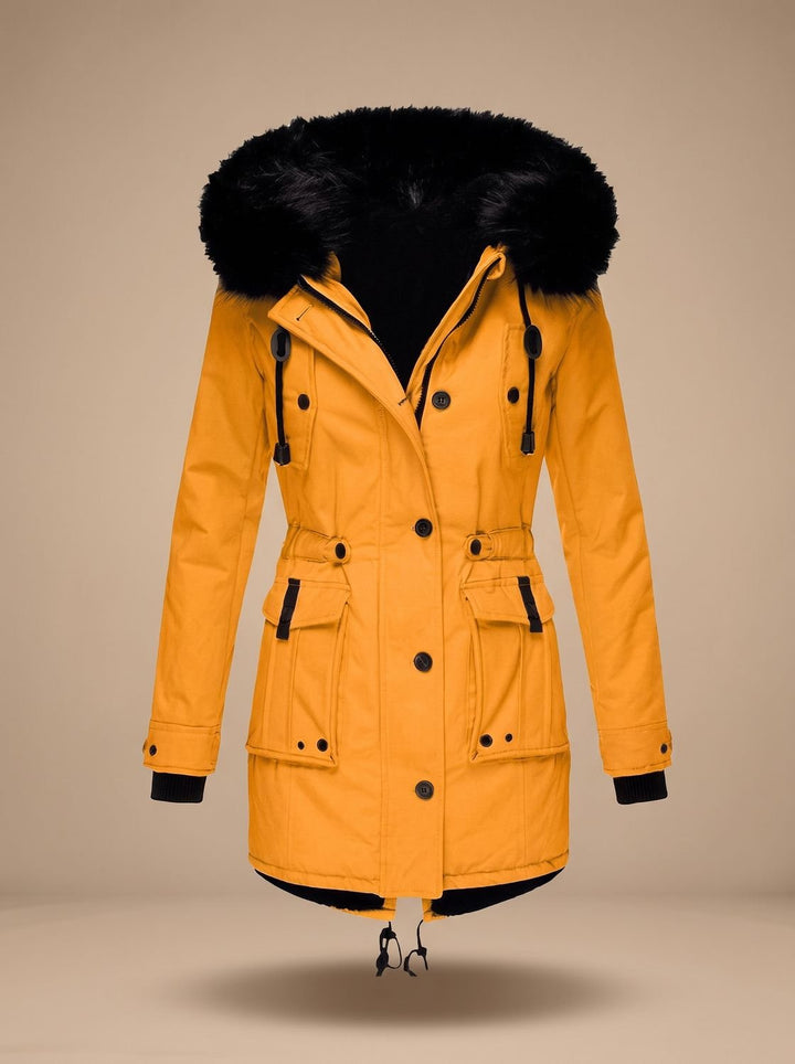 Evadne | Insulated Thermal Parka with Faux Fur Hood and Adjustable Waist Drawstring