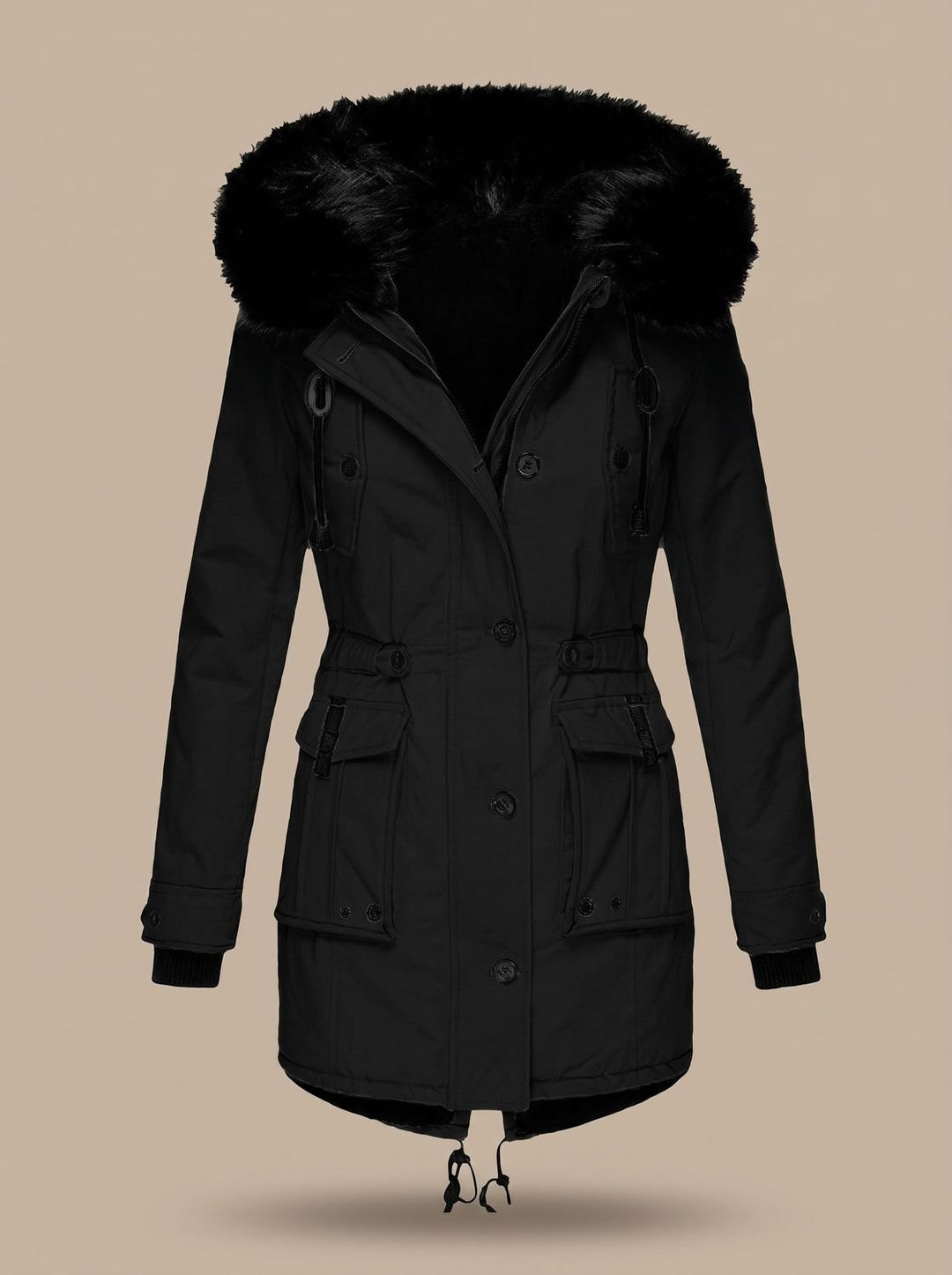 Evadne | Insulated Thermal Parka with Faux Fur Hood and Adjustable Waist Drawstring