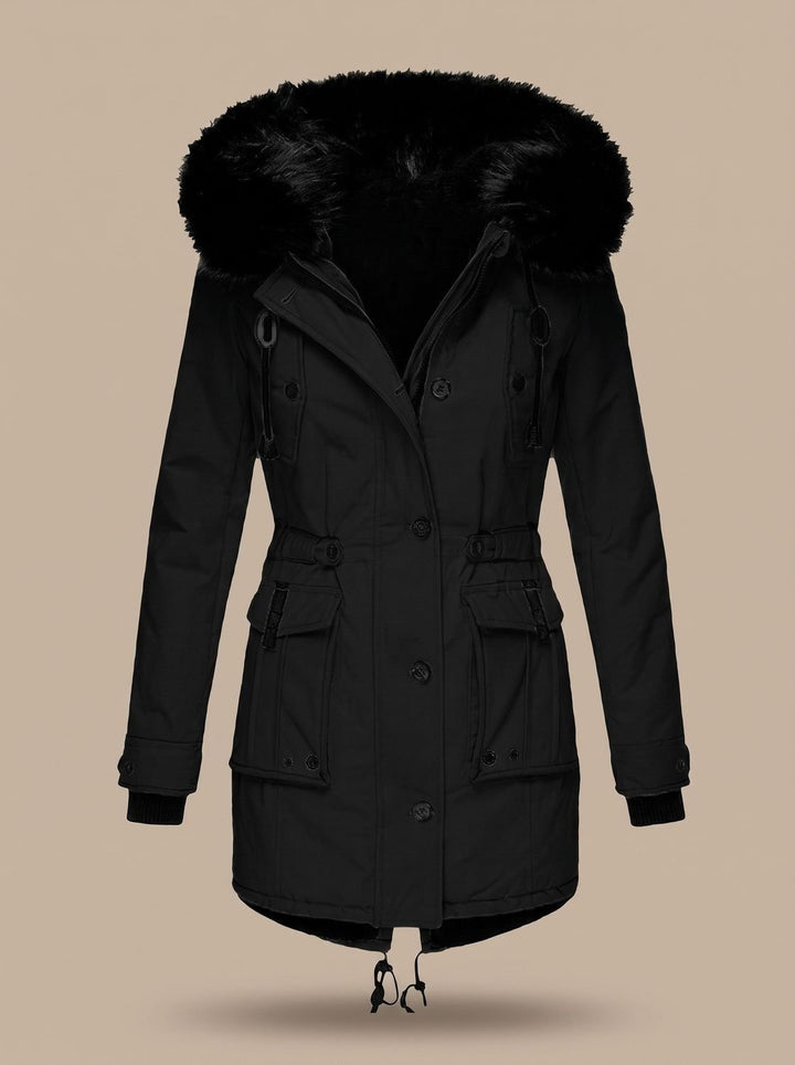Evadne | Insulated Thermal Parka with Faux Fur Hood and Adjustable Waist Drawstring