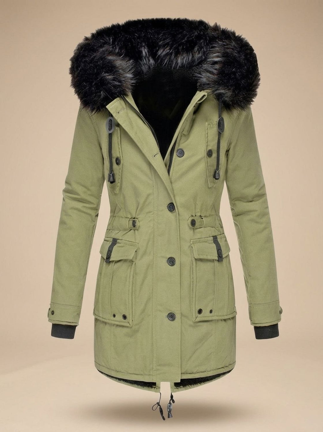 Evadne | Insulated Thermal Parka with Faux Fur Hood and Adjustable Waist Drawstring