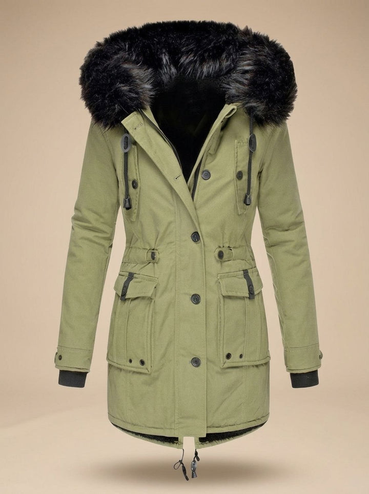 Evadne | Insulated Thermal Parka with Faux Fur Hood and Adjustable Waist Drawstring