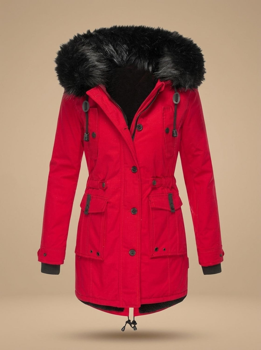 Evadne | Insulated Thermal Parka with Faux Fur Hood and Adjustable Waist Drawstring