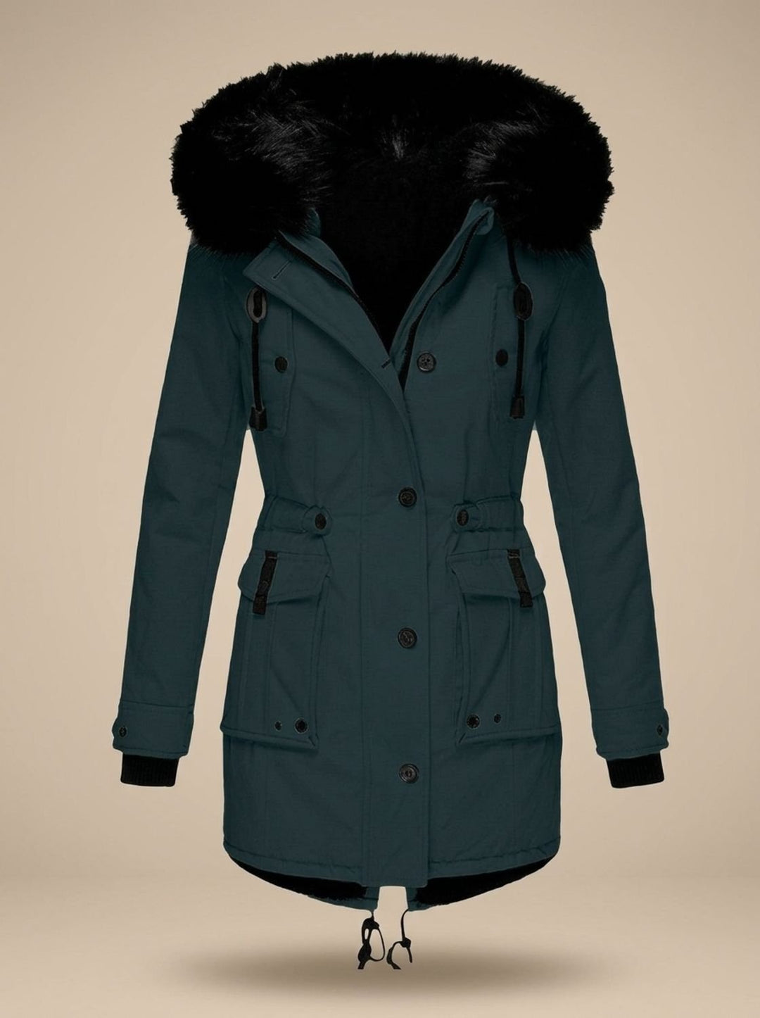 Evadne | Insulated Thermal Parka with Faux Fur Hood and Adjustable Waist Drawstring