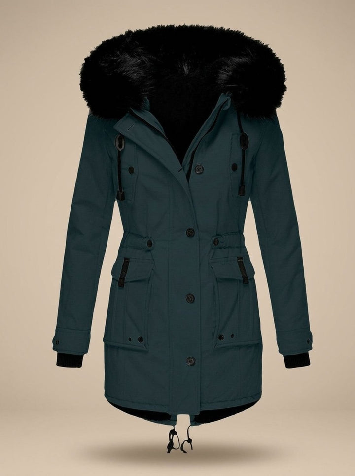 Evadne | Insulated Thermal Parka with Faux Fur Hood and Adjustable Waist Drawstring
