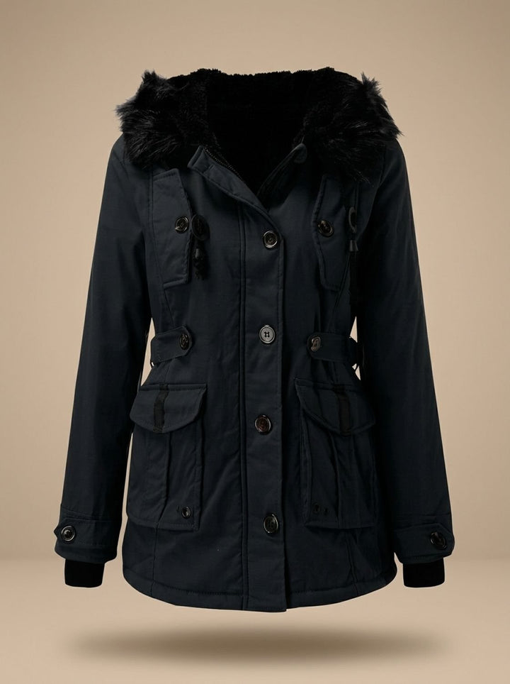 Evadne | Insulated Thermal Parka with Faux Fur Hood and Adjustable Waist Drawstring