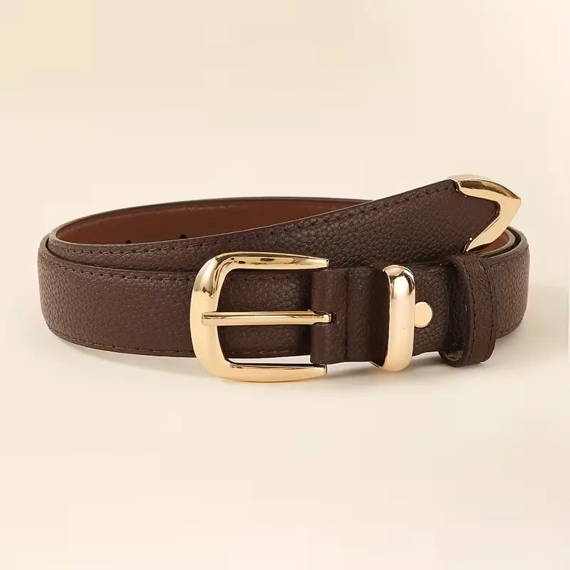 Christiane | Slim Leather Belt with Textured Buckle and Adjustable Fit